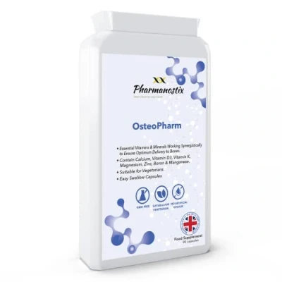 Image of Pharmanostix OsteoPharm Bone Support Formula 90 Vegetarian Capsules Maintain Density Calcium, Magnesium, Cooper, Boron, Zinc, Vitamin K2 &amp; D3 UK Manufactured to GMP Standards