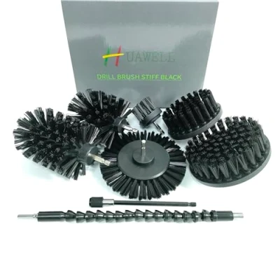 Image of HUAWELL 8 Piece Black Drill Brush Ultra Stiff Cleaning with Extend Attachment Set All Purpose for Bathroom Surfaces, Grout, Smokers, Grills, Floor, Tile and Hard Water(Black)