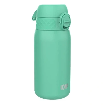 Image of Ion8 Kids Water Bottle, Steel 400 ml/13 oz, Leak Proof, Easy to Open, Secure Lock, Dishwasher Safe, Flip Cover, Carry Handle, Clean, Durable, Metal Carbon Neutral, Teal Green