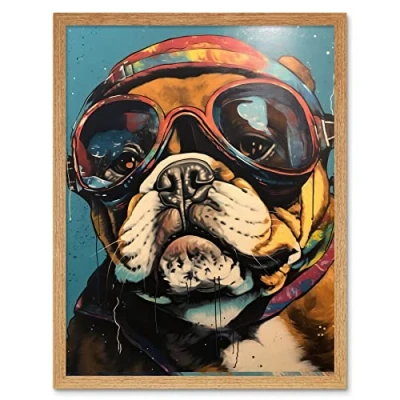Image of Artery8 Bulldog with Retro Motorcycle Goggles and Helmet Art Print Framed Poster Wall Decor 12x16 inch