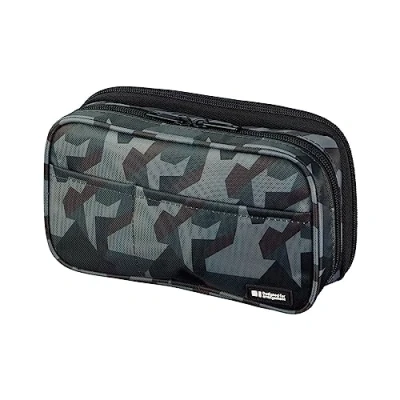 Image of LIHITLAB Large Capacity Double Zipper Pencil Case For School Office College, Big 6 Compartments Bag Holder Adults Teen Boys Girls, Travel Cosmetics Storage, Green Camo (A7555 131)