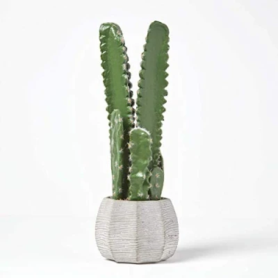 Image of HOMESCAPES Lifelike Artificial ‘Finger Cactus’ In Decorative Stone Pot Faux Succulent Decoration For Home Or Office, Measures 49cm Tall