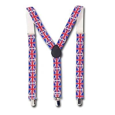 Image of Lizzy Union Jack Suspenders King Charles III Coronation 2023 Fancy dress Costume Unisex Adjustable Braces Clip On Indoor Outdoor Party