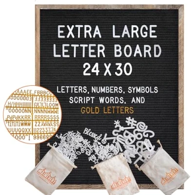 Image of Black Felt Letter Board Barnwood Frame 24x30 Inch with Gold Letters, Big Back To School Board, Large Message Sign…