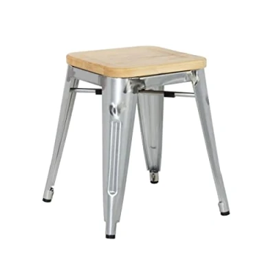 Image of Bolero Bistro Low Stools with Wooden Seat Pad (Pack of 4), Galvanised Steel Frame &amp; Ash Seat, Stackable, Height: 450 mm, GM634