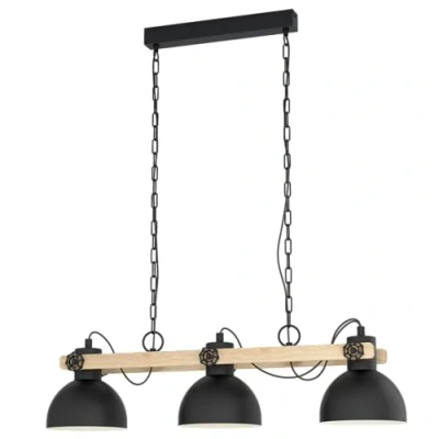 Image of Eglo Pendant Lighting Lubenham, Vintage Hanging lamp in Industrial Design, Retro Ceiling Light Made of Black Metal and Natural Wood, E27 Socket, FSC Certified