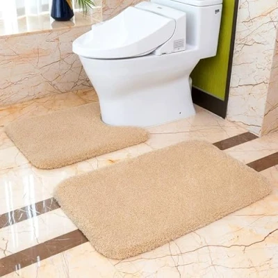 Image of VANZAVANZU Non Slip Bath Mat Set 2 Piece Thickened Bathroom Absorbent Ultra Soft and Pedestal Toilet Fluffy Microfiber Rug 50 x 80cm &amp; 60cm U Shape (Beige)