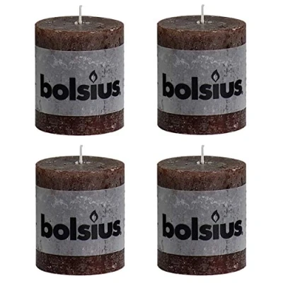 Image of Bolsius Dark Brown Rustic Pillar Paraffin Wax Candle Set of 4 30 Hour Burn Time 8cm (H) x 6.8cm (Dia)