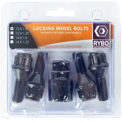 Image of RYBO Set of 4 M12 x 1.5 Tapered Alloy Wheel Locking Bolts (Black, 30mm Thread Length)