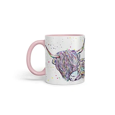 Image of Vixar Highland Cow Scottish with Calf Baby Farm Animals Watercolour Art Coloured Mug Cup Gift Birthday Work Office Tea Coffee (Pink)