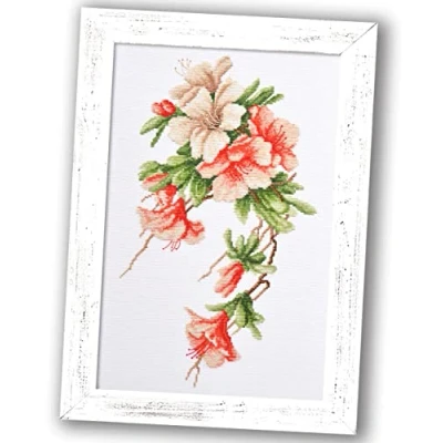Image of Povitrulya Azalea Embroidery Kit DIY Flower Counted Cross Stitch Set with Pre Sorted Floss, Paper Pattern and Banked 16 Count Aida Cloth