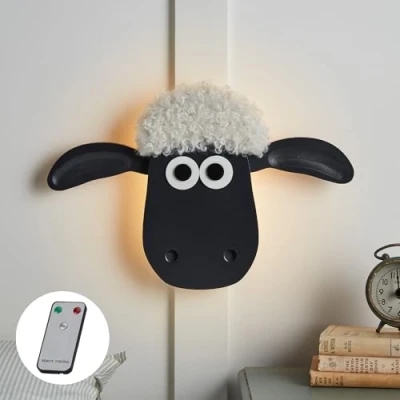 Image of Lights4fun Shaun The Sheep™ LED Battery Operated Children’s Bedroom Wall Night Light with Remote Control Indoor Use 39cm