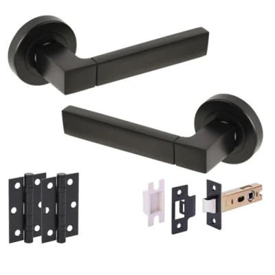 Image of HANDLEZONE® Luxa Internal Door Handle Pack, Complete with Lever Handles, 76mm Latch, 75mm Ball Bearing Hinges Black Matt