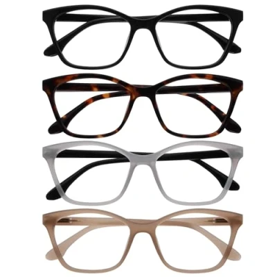 Image of OPULIZE KAT Reading Glasses 4 Pack Cat Eye Frame Black, Brown, Grey, Taupe Men &amp; Women Spring Hinges RRRR59 127U +3.50