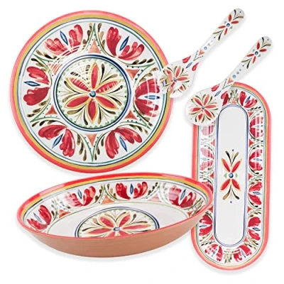 Image of Purely Home Mediterranean Outdoor/Camping/Picnic Melamine/Plastic Oval Serving Bowl, Tray, Round Platter &amp; Salad Servers Set