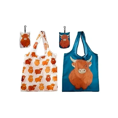 Image of Puckator Foldable Reusable Shopping Bag Highland Coo Cow Design Folding Bags Tote Foldaway Fold Up in Pouch Family Beach