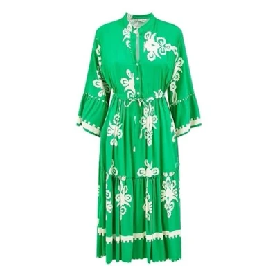 Image of Yumi Womens Green Viscose Midi Dress With Long Sleeves Size 12 UK