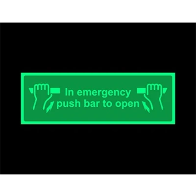 Image of In emergency push bar to open Safety sign 300mm x 100mm 1.2mm Photoluminescent rigid plastic with self adhesive backing