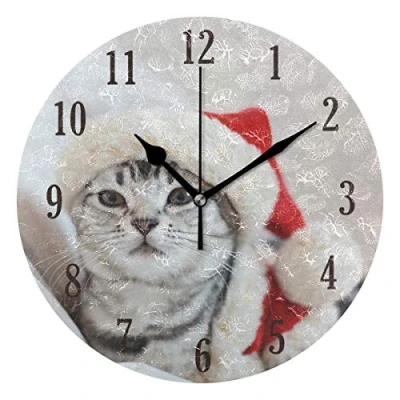 Image of Mnsruu Round Christmas Cat Silent Wall Clock Decorative, Battery Operated Easy to Read for Indoor Living Room Bedroom
