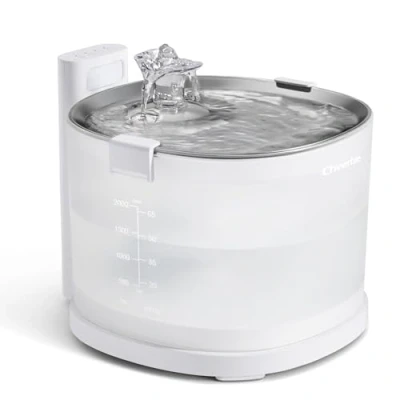 Image of Cheerble Cat Water Fountain,Pumpless Fountain for Drinking 2L/67oz E1 Automatic MagDrive™ Technology Stainless Steel Tray,No Cleaning (White &amp; Steel, Cordless)