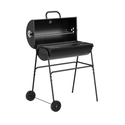 Image of House Of Home Barrel Charcoal BBQ Grill Large Black Smoker with Thermometer, Wheels, Ash Catcher &amp; Side Vents Portable Garden Coal Barbecue for Outdoor Cooking