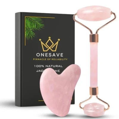 Image of Onesave Gua Sha &amp; Jade Roller,Gua Stone, Rose Quartz Roller with Guasha, face for Women, Massage Tool Face, Neck and Body Muscle Relaxing, Pink Massager self Care Gifts Women