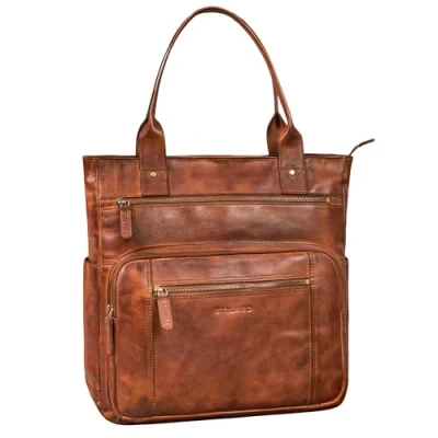 Image of STILORD &#039;Bonnie&#039; Real Leather Tote Bag with Zip Large for Women Shoulder Multiple Compartments 15.6 Inch Laptop Office University Shopper Genuine Leather, Colour:brandy cognac