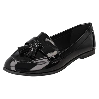 Image of Spot On Ladies Tassel Trim Wide Fit Slip Shoes F80560 Black Synthetic Patent UK Size 8EE EU 41 US 10