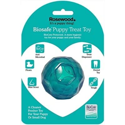 Image of Rosewood tough puppy toy ball shaped treat dispenser dog for small dogs and puppies made of material, mint scented, blue