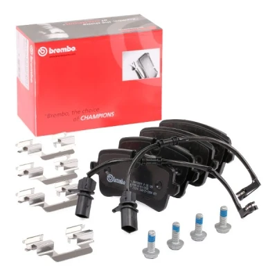 Image of 4H0698451C, 4H0698451D, 4H0698451M brake pad set BREMBO P 85 120 incl. wear warning contact with caliper screws accessories AUDI: A8 D4