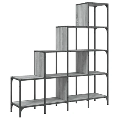 Image of vidaXL Grey Sonoma Staircase Bookshelf Engineered Wood &amp; Metal Frame with Adjustable Feet, 122x30x132cm, 120kg Capacity, Ladder Open Shelves for Living Room/Study