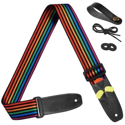 Image of Amumu Guitar Strap Rainbow Stripe Polyester Cotton for Acoustic, Electric and Bass Guitars with Blocks &amp; Headstock Tie, Stripe, 5