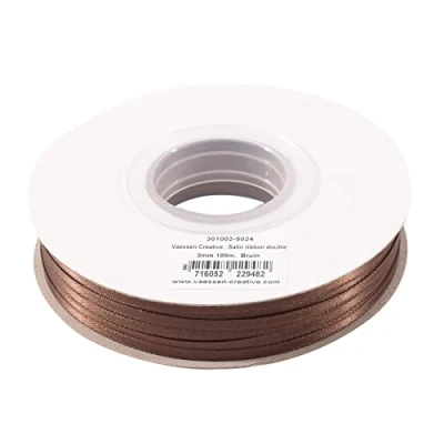 Image of Vaessen Creative Satin Ribbon, Brown, 3mm x 100m Double Sided Shine for Card Making, Scrapbooks, Gift Wrapping and Other Craft Projects