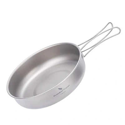 Image of iBasingo Camping Pan Titanium Frying Cookware with Folding Handle Outdoor 1 Person Dish Plate Lightweight Travel Picnic Skillet Kitchen Cooking Kit Hiking Backpacking Tableware Ti2063C