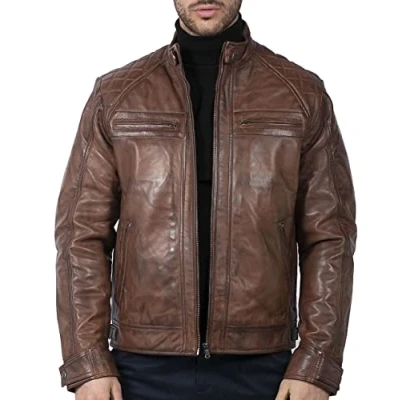 Image of TruClothing Men&#039;s Biker Jacket Outwear Windproof Winter Motorcycle Rider Real Leather Jackets Coat Retro Black XL