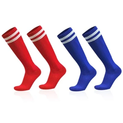 Image of SKHAOVS 2 Pairs Boys Girls Football Socks, Kids Soccer Socks Long Breathable Sports Trainer Hockey Rugby Childrens for Aged 5 12 (Red,Blue)