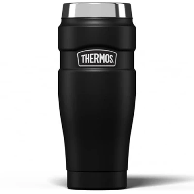 Image of Thermos Stainless King Travel Tumbler &amp; Multi Purpose Flask 470ml Insulated Hot Cold Water Bottle for Daily Commute Weekend Adventures Sleek Design in Matt Black, 5 Year Durability