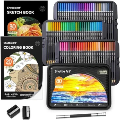 Image of Shuttle Art 80 Colours Professional Colouring Pencils, Soft Core Coloured Pencil Set with 1 Book,1 Sketch Pad, 2 Sharpener, Extender, Perfect for Artists Adult Beginners Drawing