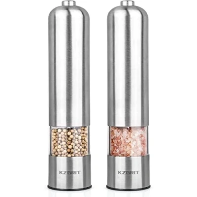 Image of KZGRIT Electric Salt and Pepper Mill Set, Battery Operated, Ceramic Grinding Blade, Automatic Stainless Steel Grinders Shakers with LED Light Adjustable Coarseness(2 Pack, Silver)