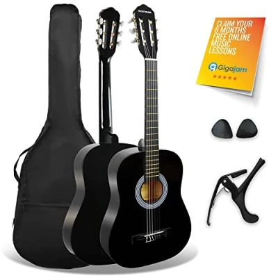 Image of 3rd Avenue XF 3/4 Size Junior Kids Classical Spanish Starter Beginner Pack Acoustic Guitar with Nylon Strings, Gig Bag, Capo and Picks Black