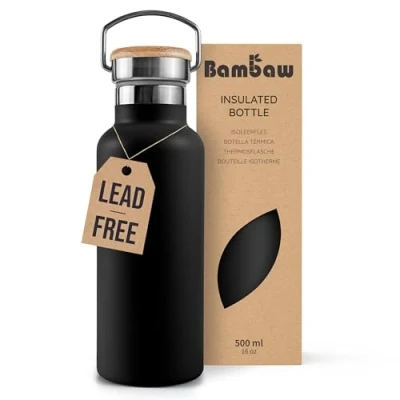 Image of Bambaw Insulated Water Bottle 500ml, Black Bottle, Stainless Steel Leakproof Metal Flask for Hot Drinks, Camping Jet