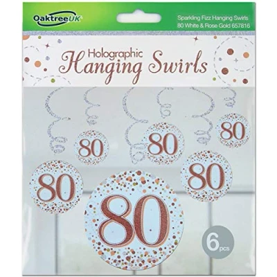 Image of OakTree Sparkling Fizz Hanging Swirls 80th White &amp; Rose Gold 6pcs