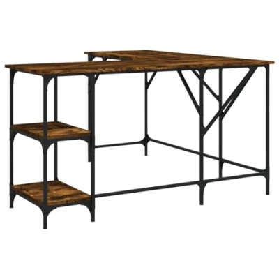 Image of vidaXL Smoked Oak Engineered Wood L Shaped Office Writing Desk Ample Storage Adjustable Feet Metal Frame