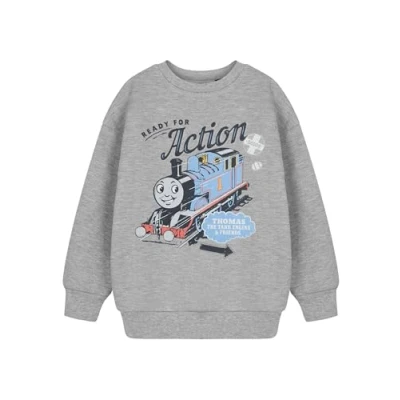 Image of Thomas and Friends Boys Long Sleeve Grey Graphic Tee Classic Cartoon Top Featuring The Tank Engine Ready for Action Slogan Plain Crew Neck Pull On Shirt Casual Wear