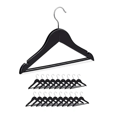 Image of Relaxdays Wooden Kids’ Coat Hanger Set of 20, Pants Holders for Boys &amp; Girls, Swivel Hooks, Rail Notches, Black