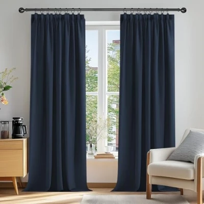 Image of Deconovo Super Soft Thermal Insulated Pencil Pleat Blackout Curtains 90 x Inch Navy Blue 2 Panels