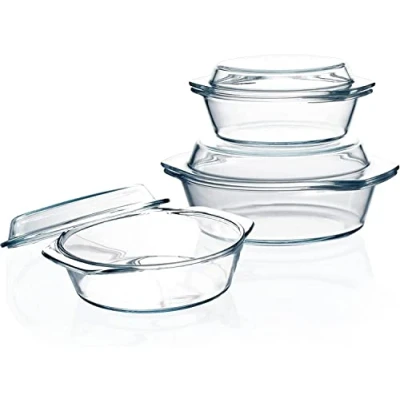 Image of Glass Casserole Dish, Dish with Lid, Individual Round Mini Handles (set 0.65L+1L+1.4L)