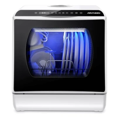 Image of AIRMSEN Mini Table Top Dishwasher, 5+1 Cycle Programs Countertop 5L Water Tank, 2 Ways Supply, Touch Control &amp; LED Display, Ideal for Home Kitchens, Apartments, Dorms, White Black