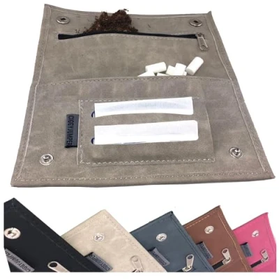 Image of Ciggy Jumper Tobacco Bag in Used Leather with Papers Compartment, Twist Filters Stone Double