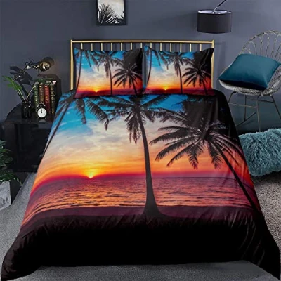 Image of Loussiesd Tropical Bedding Set King Size Palm Trees Theme Comforter Cover Beach Sun Duvet with 2 Pillowcases Soft Microfiber Zipper Decorative Orange Black Quilt 3 Piece Lightweight